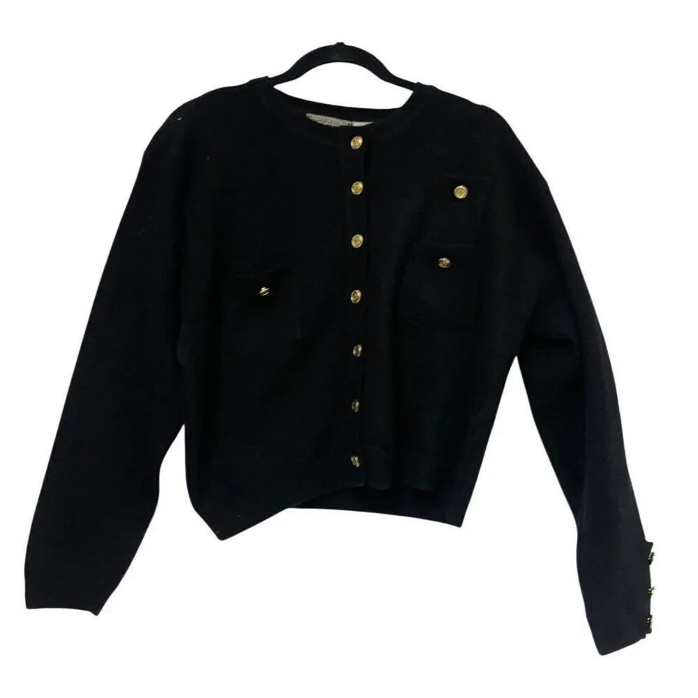 Vinatge Forenza Womens Sweater Medium Cardigan Black Lambswool angora pockets
